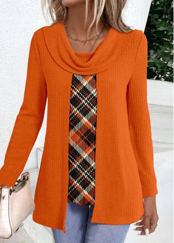 Orange Fake 2in1 Plaid Long Sleeve T Shirt - unsigned - Modalova