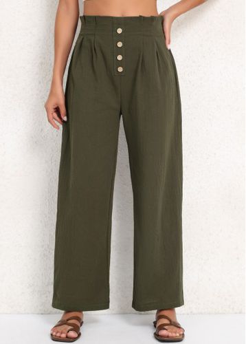 Olive Green Button Elastic Waist High Waisted Pants - unsigned - Modalova
