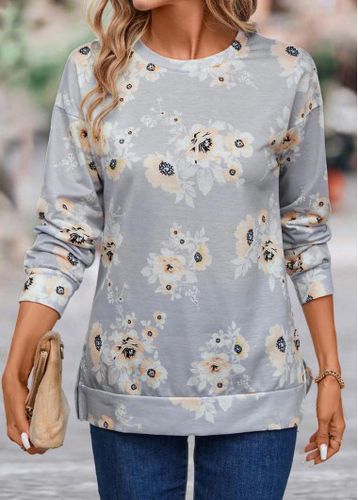 Grey Patchwork Floral Print Long Sleeve Sweatshirt - unsigned - Modalova