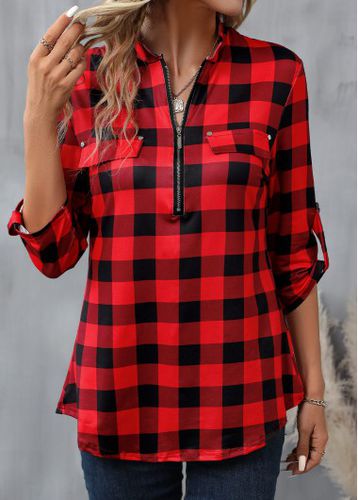 Red Zipper Plaid Long Sleeve High Neck Blouse - unsigned - Modalova