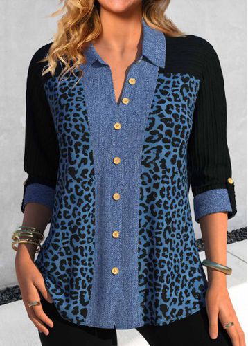 Denim Blue Patchwork Leopard Long Sleeve Blouse - unsigned - Modalova