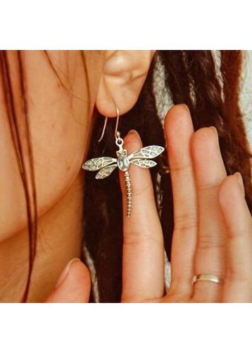 Silvery White Dragonfly Design Rhinestone Earrings - unsigned - Modalova