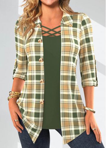 Sage Green Fake 2in1 Plaid Blouse - unsigned - Modalova