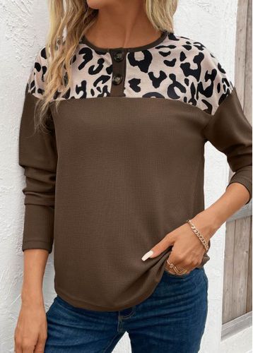 Dark Camel Patchwork Leopard Long Sleeve T Shirt - unsigned - Modalova