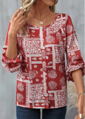 Red Button Tribal Print Long Sleeve Round Neck Blouse - unsigned - Modalova