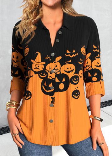 Orange Button Halloween Pumpkin Print Long Sleeve Blouse - unsigned - Modalova