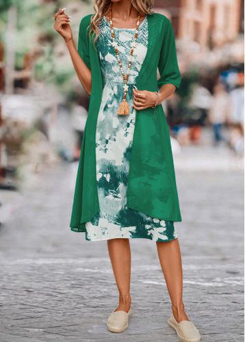 Green Two Piece Ink Painting Print Dress and Cardigan - unsigned - Modalova
