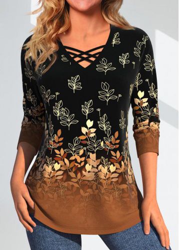 Dark Camel Criss Cross Leaf Print T Shirt - unsigned - Modalova