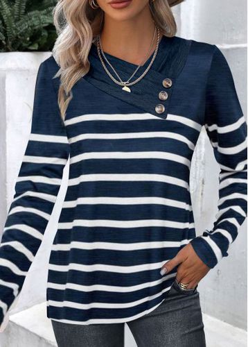 Navy Button Striped Long Sleeve T Shirt - unsigned - Modalova