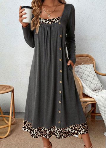 Dark Grey Button Leopard A Line Dress - unsigned - Modalova