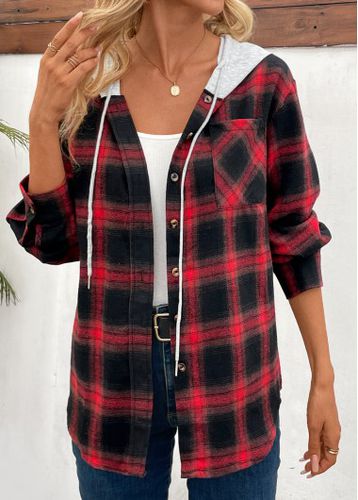 Red Patchwork Plaid Long Sleeve Hooded Coat - unsigned - Modalova