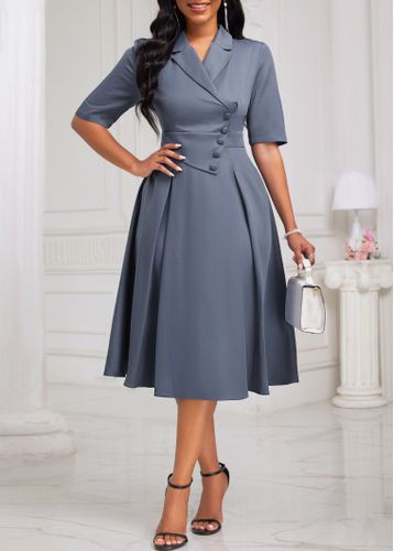 Dusty Blue Asymmetry Half Sleeve Lapel Dress - unsigned - Modalova