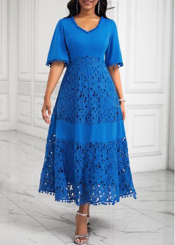 Blue Patchwork A Line Half Sleeve Dress - unsigned - Modalova