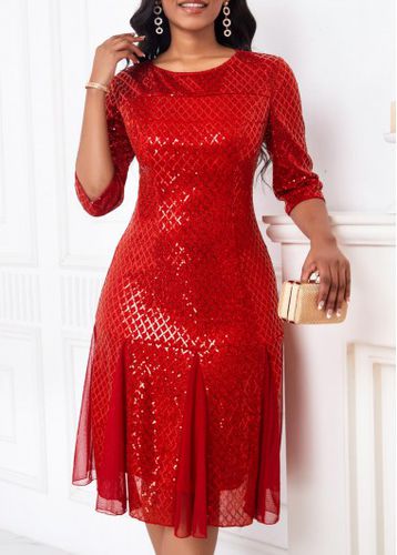 Red Sequin Three Quarter Length Sleeve Dress - unsigned - Modalova