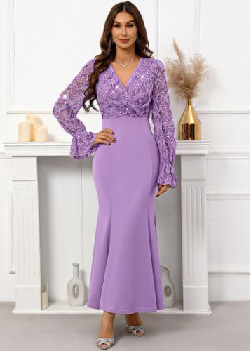 Purple Sequin Maxi Long Sleeve V Neck Bodycon Dress - unsigned - Modalova