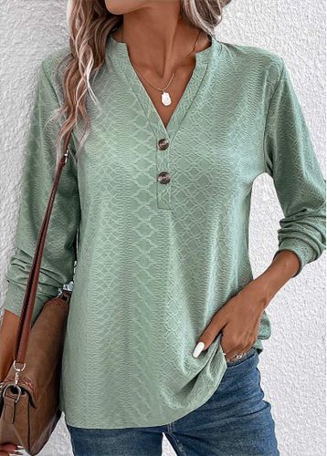 Green Button Long Sleeve Split Neck T Shirt - unsigned - Modalova