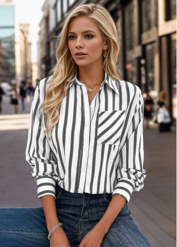White Pocket Striped Long Sleeve Shirt Collar Blouse - unsigned - Modalova