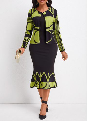 Avocado Green Mermaid Geometric Print Two Piece Suit Dress and Cardigan - unsigned - Modalova