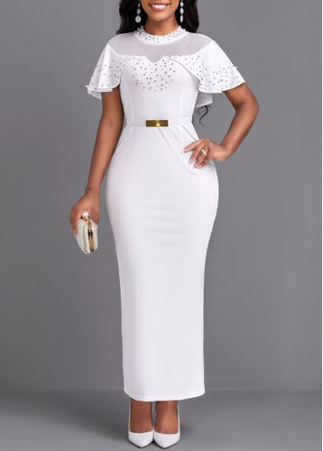 White Pearl Belted Short Sleeve Maxi Bodycon Dress - unsigned - Modalova