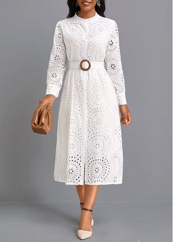 White Button Belted Long Sleeve Round Neck Dress - unsigned - Modalova