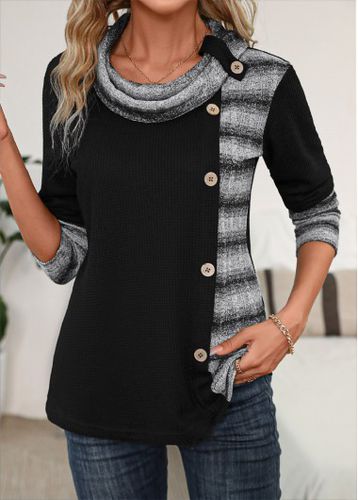 Black Patchwork Striped Long Sleeve Cowl Neck Sweatshirt - unsigned - Modalova