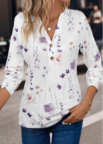 White Button Floral Print Long Sleeve T Shirt - unsigned - Modalova