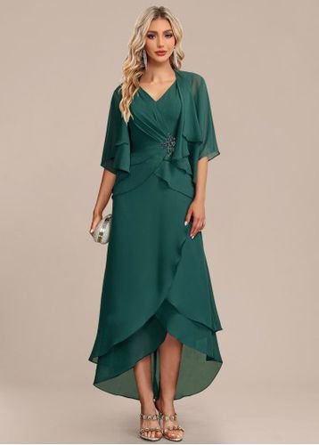 Green Scalloped Hem High Low Dress and Cardigan - unsigned - Modalova