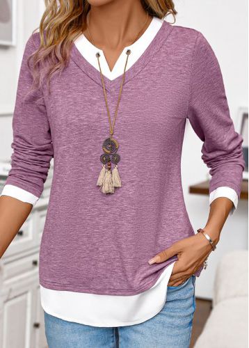 Dark Reddish Purple Patchwork Long Sleeve T Shirt - unsigned - Modalova