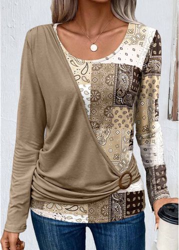 Light Camel Asymmetry Patchwork Long Sleeve T Shirt - unsigned - Modalova