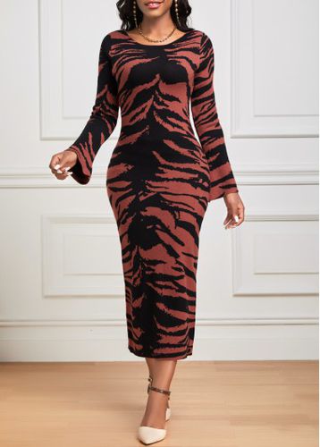 Dark Coffee Zebra Stripe Print Long Sleeve Dress - unsigned - Modalova