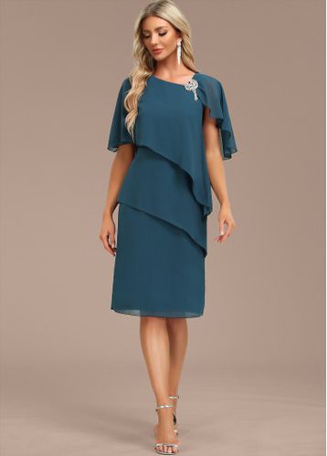 Peacock Blue Layered Cape Sleeve Asymmetrical Neck Shift Dress - unsigned - Modalova