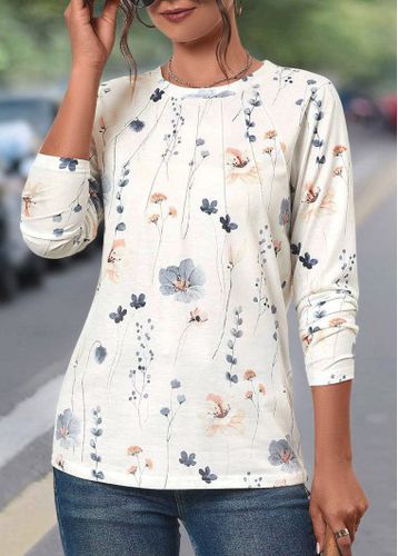 White Tuck Stitch Floral Print Long Sleeve T Shirt - unsigned - Modalova