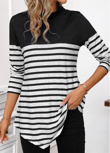 Black Patchwork Striped Long Sleeve High Neck T Shirt - unsigned - Modalova