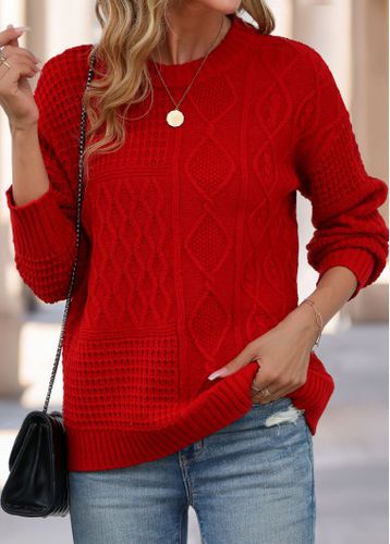 Red Weave Long Sleeve Round Neck Sweater - unsigned - Modalova