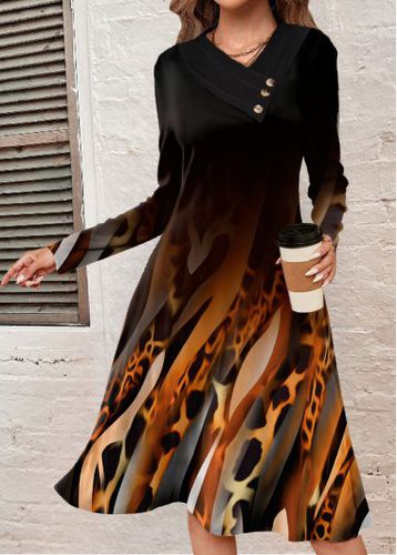 Black Button Leopard A Line Long Sleeve Dress - unsigned - Modalova