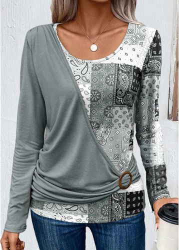 Grey Patchwork Long Sleeve Scoop Neck T Shirt - unsigned - Modalova