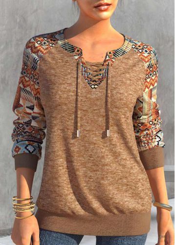 Dark Camel Lace Up Tribal Print T Shirt - unsigned - Modalova