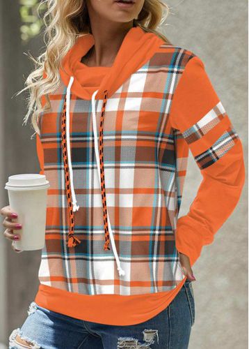 Orange Patchwork Plaid Long Sleeve Cowl Neck Sweatshirt - unsigned - Modalova