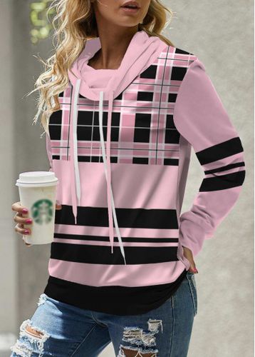 Pink Patchwork Plaid Long Sleeve Cowl Neck Sweatshirt - unsigned - Modalova