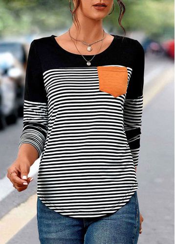 Black Patchwork Striped Long Sleeve Round Neck T Shirt - unsigned - Modalova