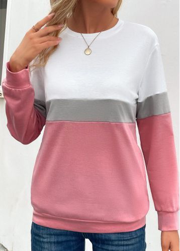 Pink Patchwork Long Sleeve Round Neck Sweatshirt - unsigned - Modalova