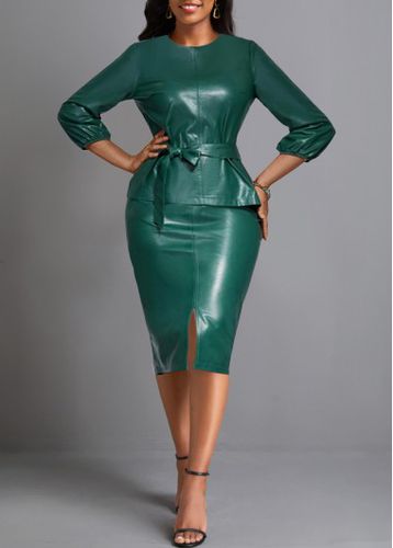 Blackish Green Faux Leather Belted Round Neck Bodycon Dress - unsigned - Modalova