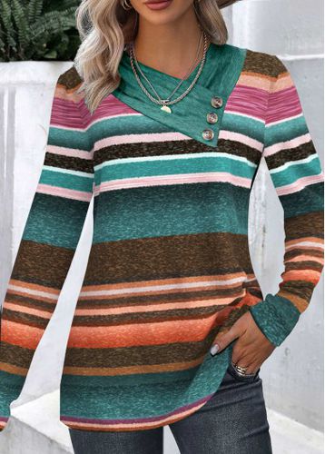 Multi Color Patchwork Striped Long Sleeve Asymmetrical Neck Sweatshirt - unsigned - Modalova