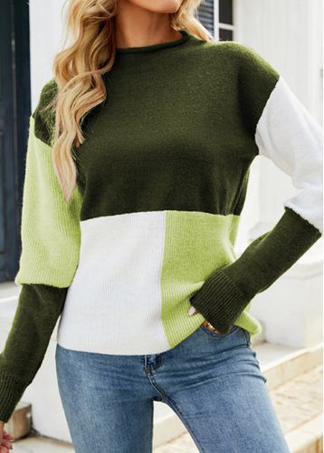 Olive Green Patchwork Geometric Print Long Sleeve Sweater - unsigned - Modalova