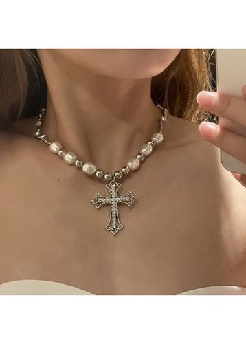 Gold Cross Pearl Hollow Detail Necklace - unsigned - Modalova
