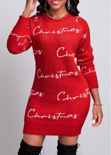 Red Christmas Print Short Long Sleeve Dress - unsigned - Modalova