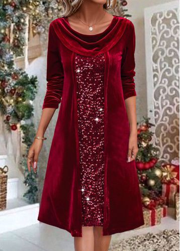 Wine Red Sequin A Line Long Sleeve Dress - unsigned - Modalova