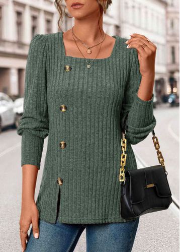 Olive Green Button Long Sleeve Square Neck T Shirt - unsigned - Modalova