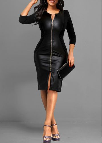 Black Vegan Leather Three Quarter Length Sleeve Dress - unsigned - Modalova