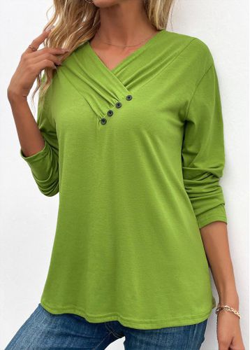 Grass Green Button Long Sleeve V Neck T Shirt - unsigned - Modalova